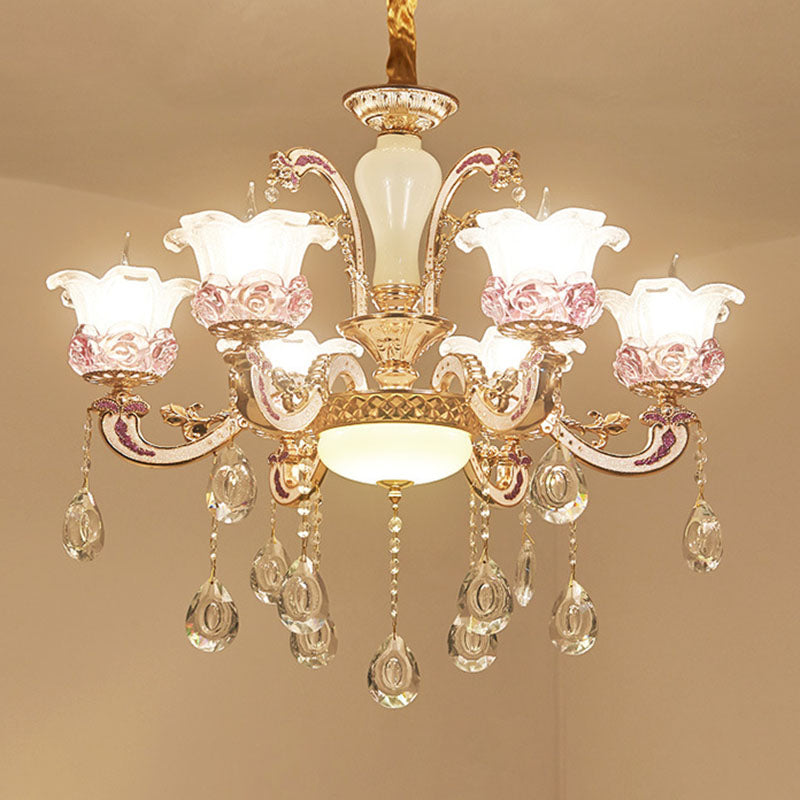 Modern Frosted Glass Flower Chandelier Pendant With Crystal Accents For Living Room Décor