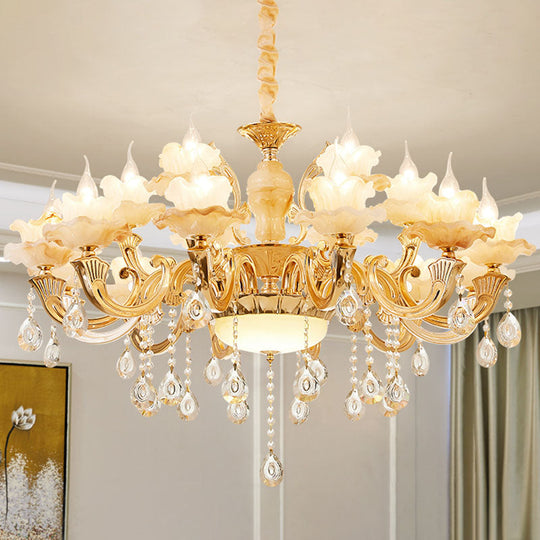 Minimalist Gold Chandelier with Blossom Jade, Crystal Draping, and Hanging Lamp Kit