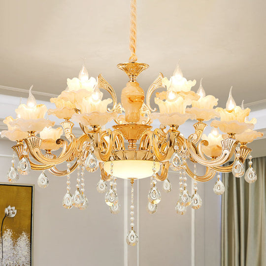 Minimalist Gold Chandelier with Blossom Jade, Crystal Draping, and Hanging Lamp Kit