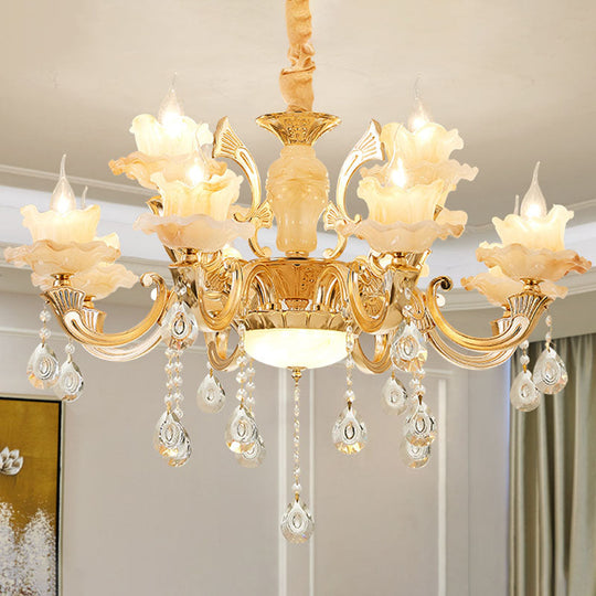 Minimalist Gold Chandelier with Blossom Jade, Crystal Draping, and Hanging Lamp Kit