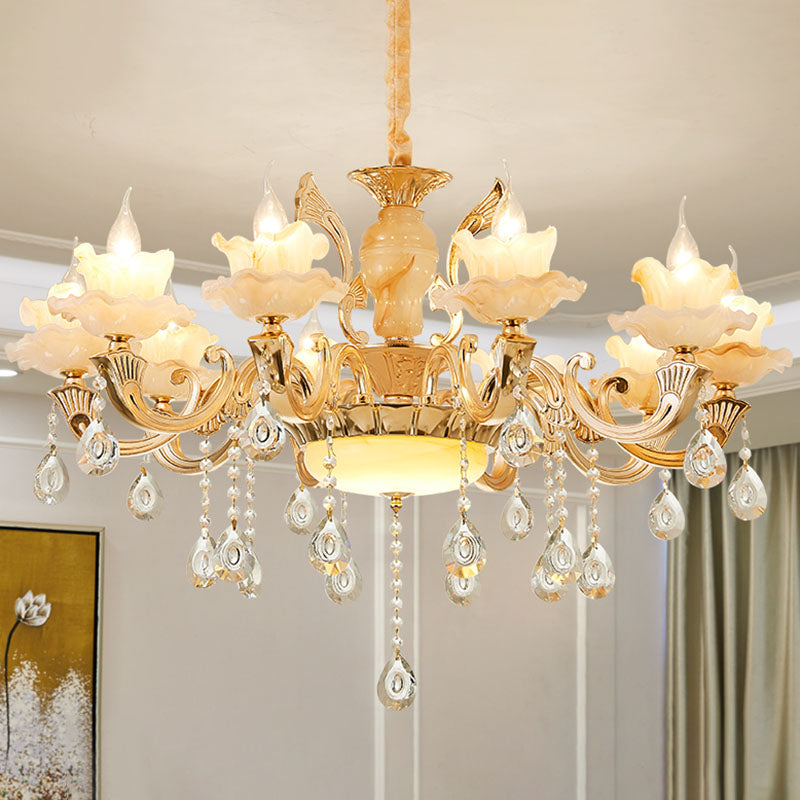 Minimalist Gold Chandelier Light Fixture With Crystal Draping And Jade Blossom Accents