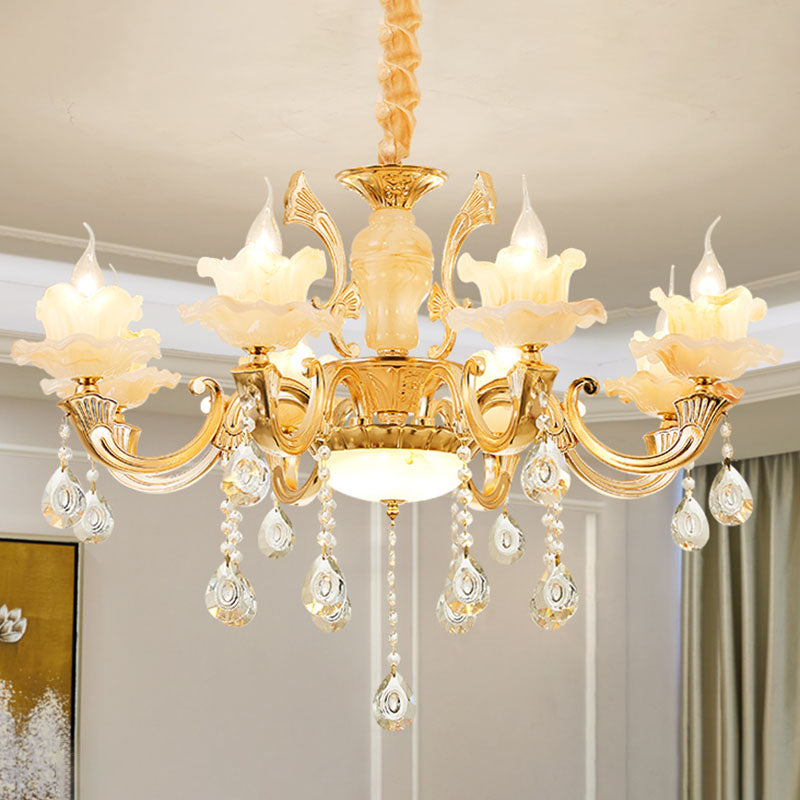 Minimalist Gold Chandelier with Blossom Jade, Crystal Draping, and Hanging Lamp Kit