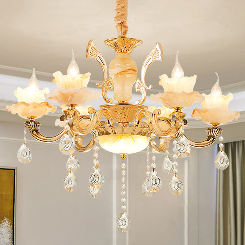 Minimalist Gold Chandelier with Blossom Jade, Crystal Draping, and Hanging Lamp Kit