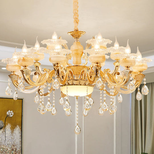 Minimalist Gold Chandelier with Blossom Jade, Crystal Draping, and Hanging Lamp Kit