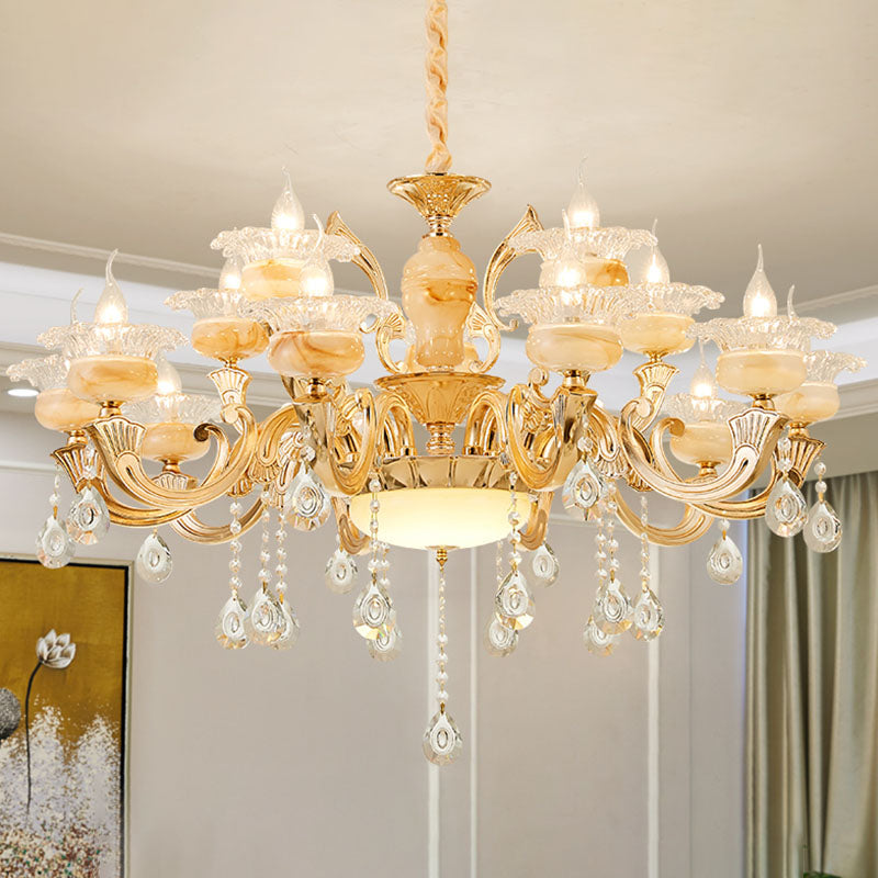 Minimalist Gold Chandelier with Blossom Jade, Crystal Draping, and Hanging Lamp Kit