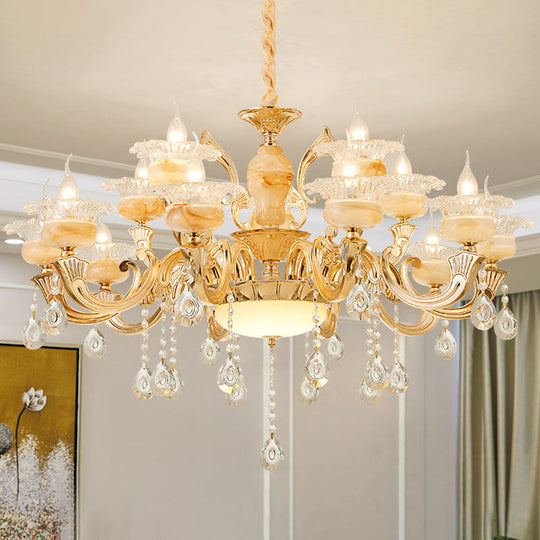 Minimalist Gold Chandelier Light Fixture With Crystal Draping And Jade Blossom Accents