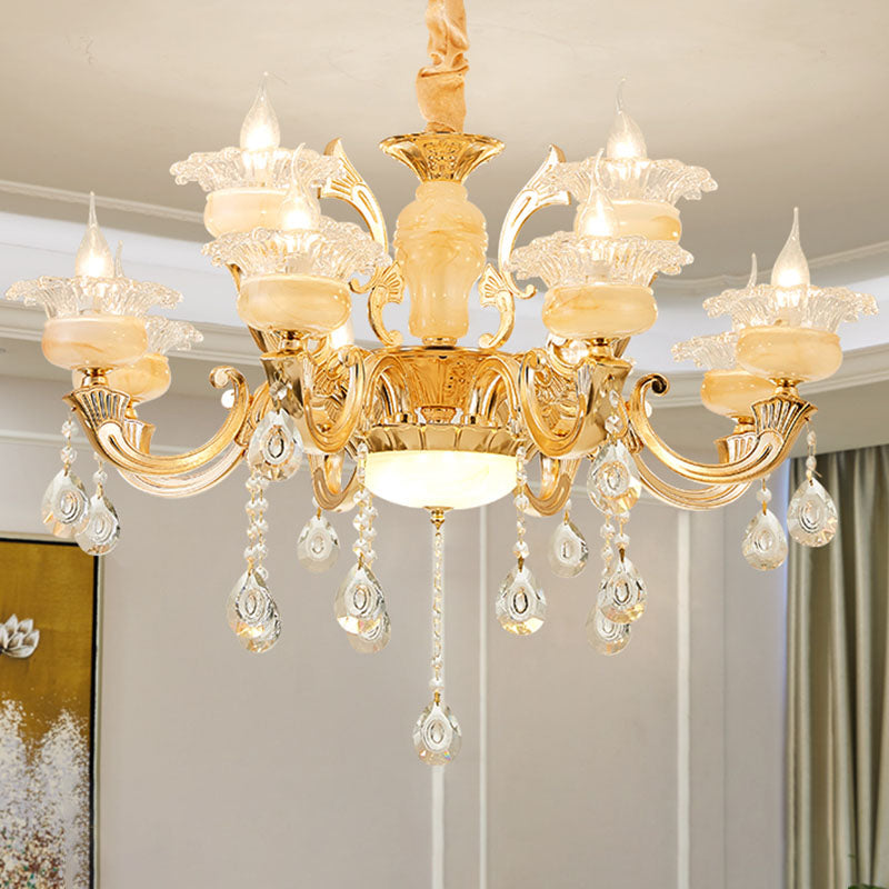 Minimalist Gold Chandelier with Blossom Jade, Crystal Draping, and Hanging Lamp Kit