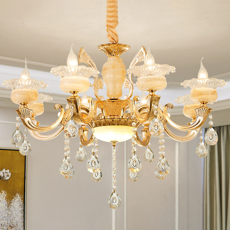 Minimalist Gold Chandelier Light Fixture With Crystal Draping And Jade Blossom Accents 8 / B