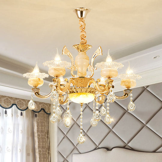 Minimalist Gold Chandelier with Blossom Jade, Crystal Draping, and Hanging Lamp Kit