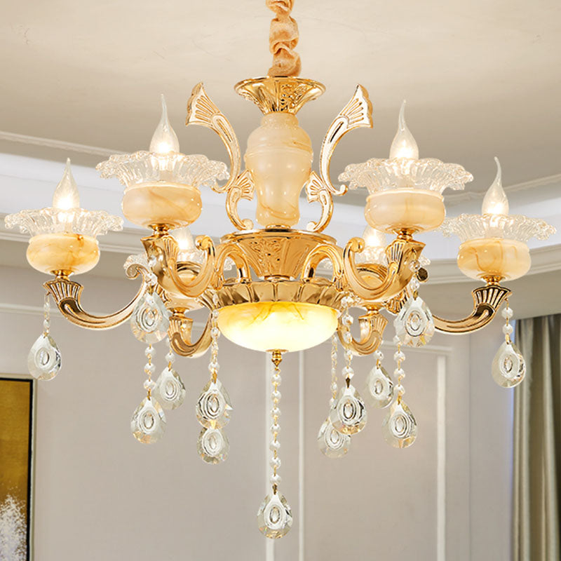 Minimalist Gold Chandelier Light Fixture With Crystal Draping And Jade Blossom Accents