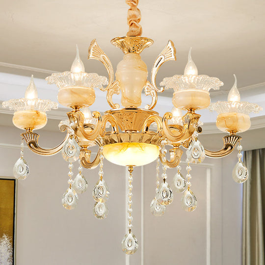 Minimalist Gold Chandelier Light Fixture With Crystal Draping And Jade Blossom Accents