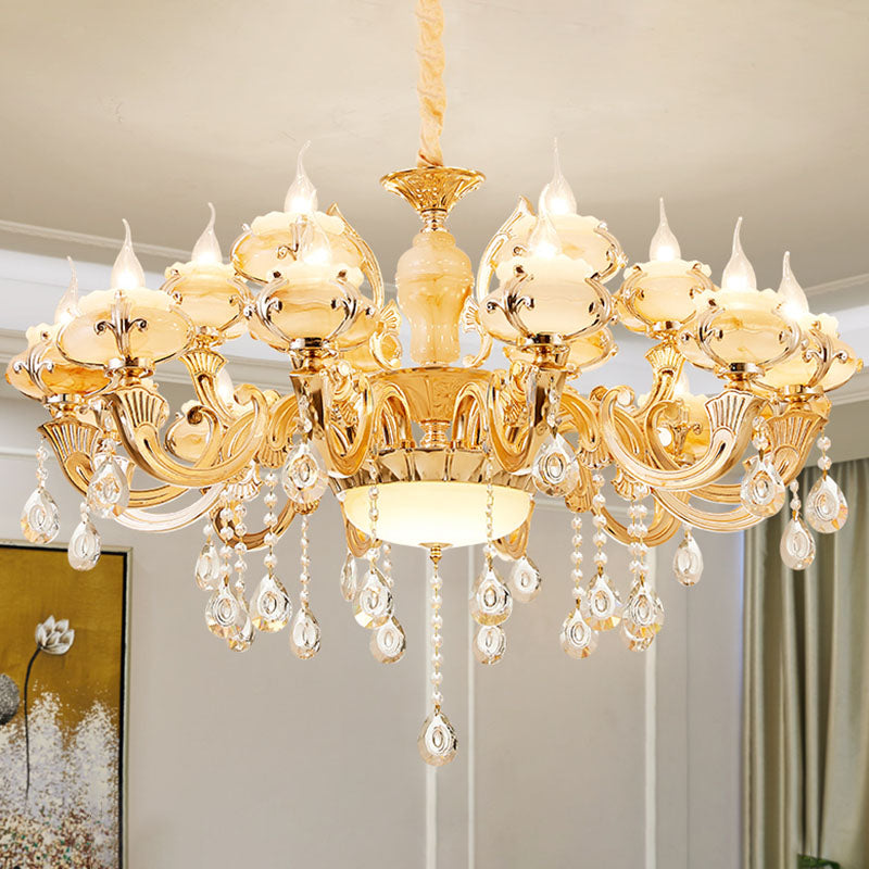 Minimalist Gold Chandelier with Blossom Jade, Crystal Draping, and Hanging Lamp Kit