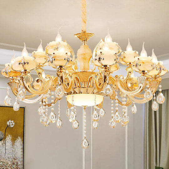 Minimalist Gold Chandelier Light Fixture With Crystal Draping And Jade Blossom Accents 18 / C