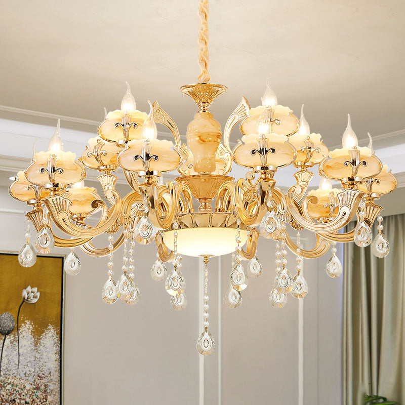 Minimalist Gold Chandelier Light Fixture With Crystal Draping And Jade Blossom Accents 15 / C