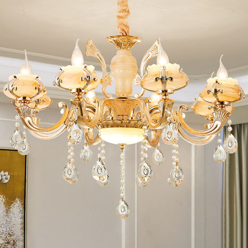 Minimalist Gold Chandelier with Blossom Jade, Crystal Draping, and Hanging Lamp Kit