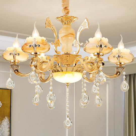 Minimalist Gold Chandelier with Blossom Jade, Crystal Draping, and Hanging Lamp Kit