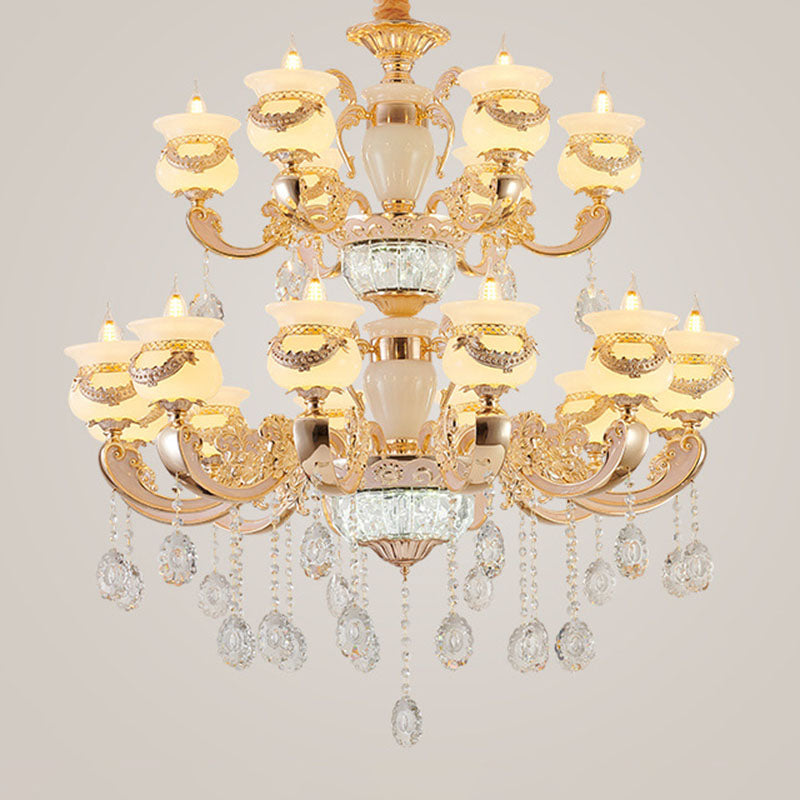 Jade Gold Candle Chandelier With Crystal Accent - Elegant Lighting For Country Living Rooms