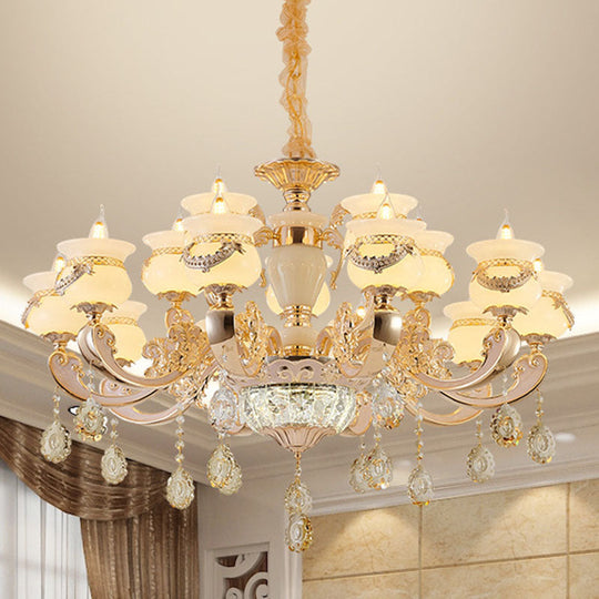 Jade Gold Candle Chandelier With Crystal Accent - Elegant Lighting For Country Living Rooms