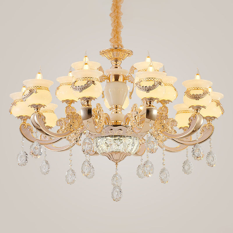 Jade Gold Candle Chandelier With Crystal Accent - Elegant Lighting For Country Living Rooms