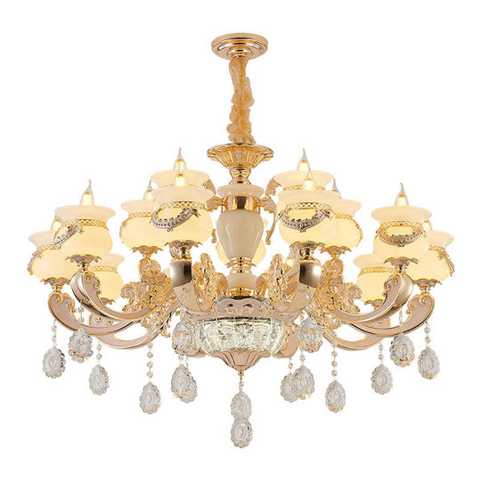 Jade Gold Candle Chandelier With Crystal Accent - Elegant Lighting For Country Living Rooms