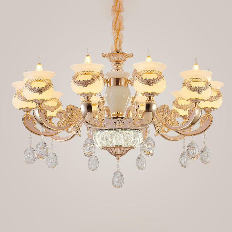 Jade Gold Candle Chandelier With Crystal Accent - Elegant Lighting For Country Living Rooms