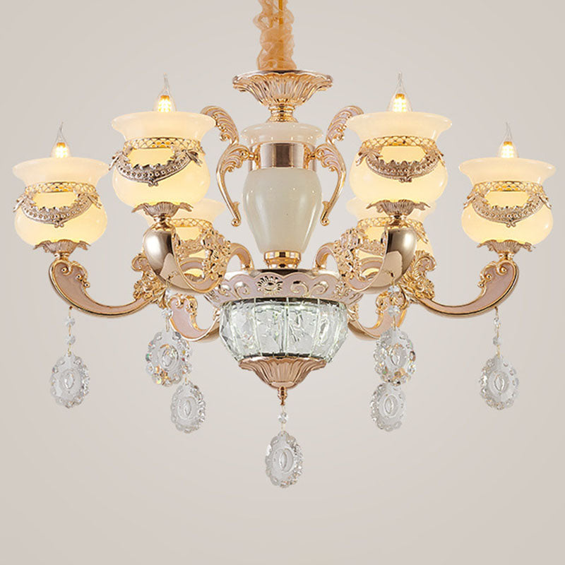 Jade Gold Candle Chandelier With Crystal Accent - Elegant Lighting For Country Living Rooms