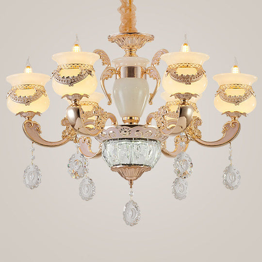 Jade Gold Candle Chandelier With Crystal Accent - Elegant Lighting For Country Living Rooms