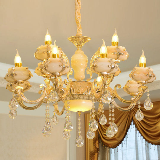 Rustic Jade Gold Chandelier - Floral Living Room Pendant With Crystal Draping