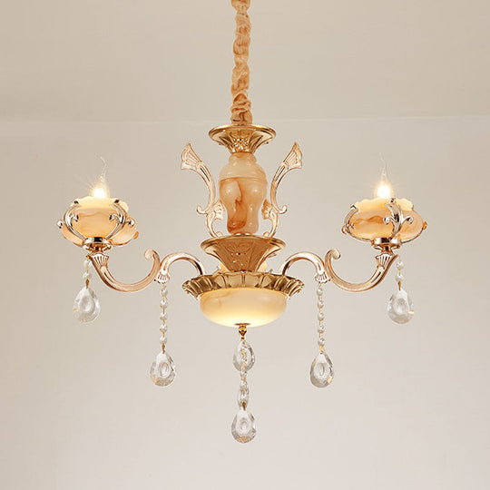 Rustic Jade Gold Chandelier - Floral Living Room Pendant With Crystal Draping