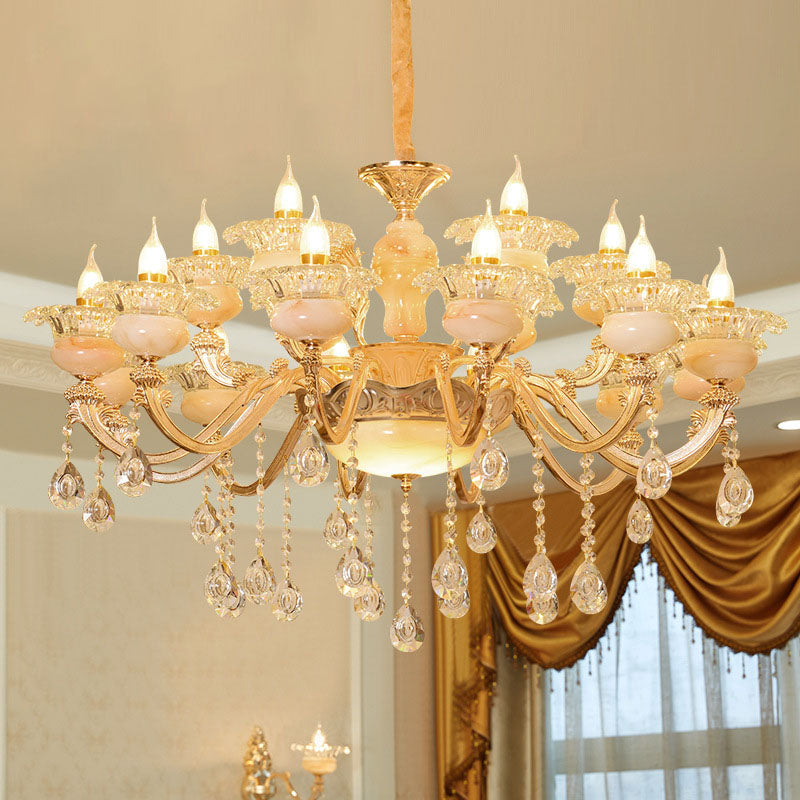 Rustic Jade Gold Chandelier - Floral Living Room Pendant With Crystal Draping