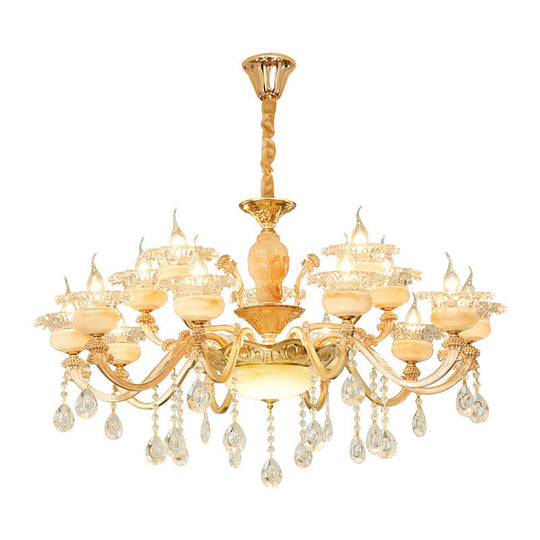 Rustic Jade Gold Chandelier - Floral Living Room Pendant With Crystal Draping