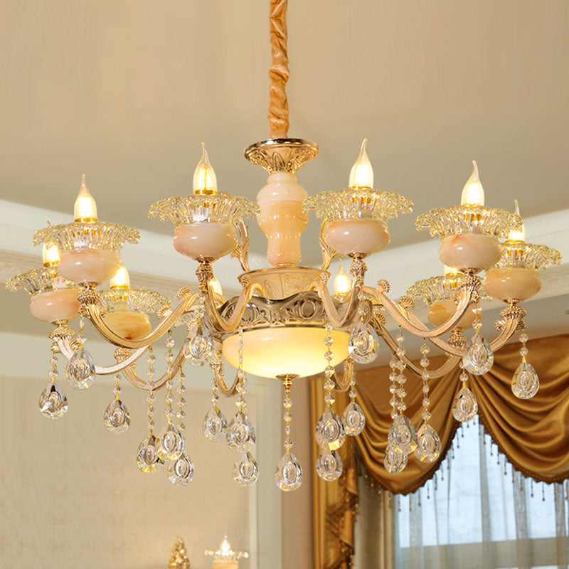 Rustic Jade Gold Chandelier - Floral Living Room Pendant With Crystal Draping