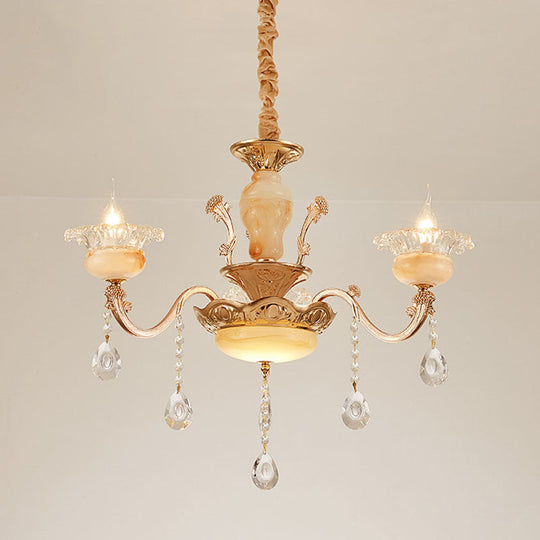 Rustic Jade Gold Chandelier - Floral Living Room Pendant With Crystal Draping