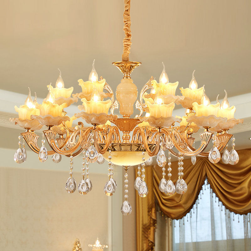 Rustic Jade Gold Chandelier - Floral Living Room Pendant With Crystal Draping