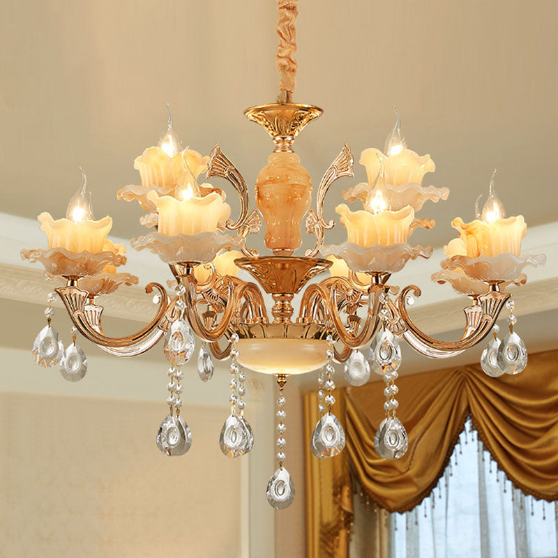 Rustic Jade Gold Chandelier - Floral Living Room Pendant With Crystal Draping