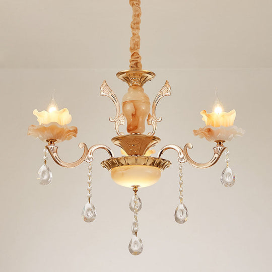 Rustic Jade Gold Chandelier - Floral Living Room Pendant With Crystal Draping