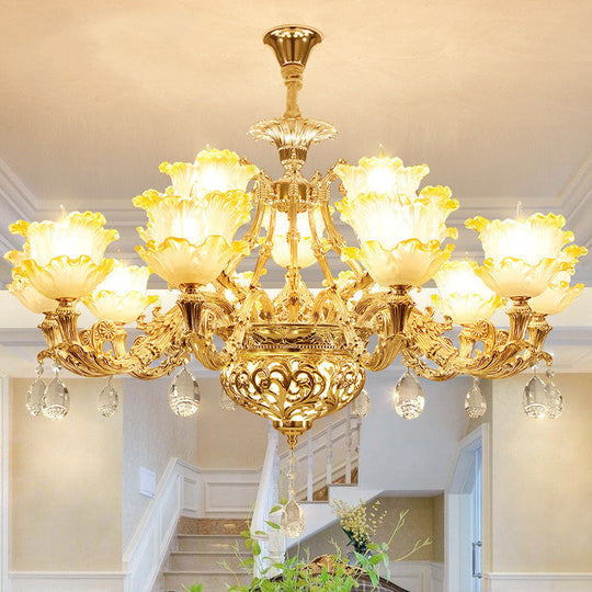 Modern Amber Glass Hanging Chandelier - Gold Living Room Pendant Light