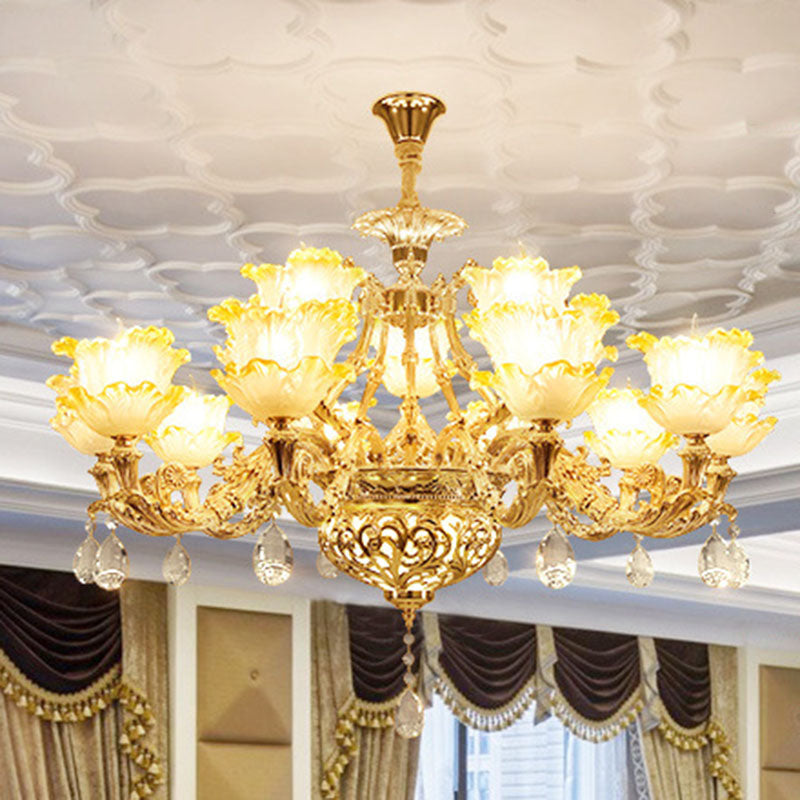 Amber Textured Glass Modernism Pendant Light Fixture - Petal Living Room Chandelier in Gold