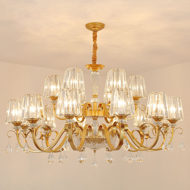 Simplicity Gold Tapered Crystal Hanging Light Kit - Elegant Ceiling Chandelier with Scrolled Arm