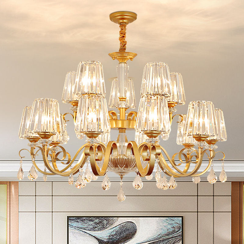 Simplicity Gold Tapered Crystal Hanging Light Kit - Elegant Ceiling Chandelier with Scrolled Arm