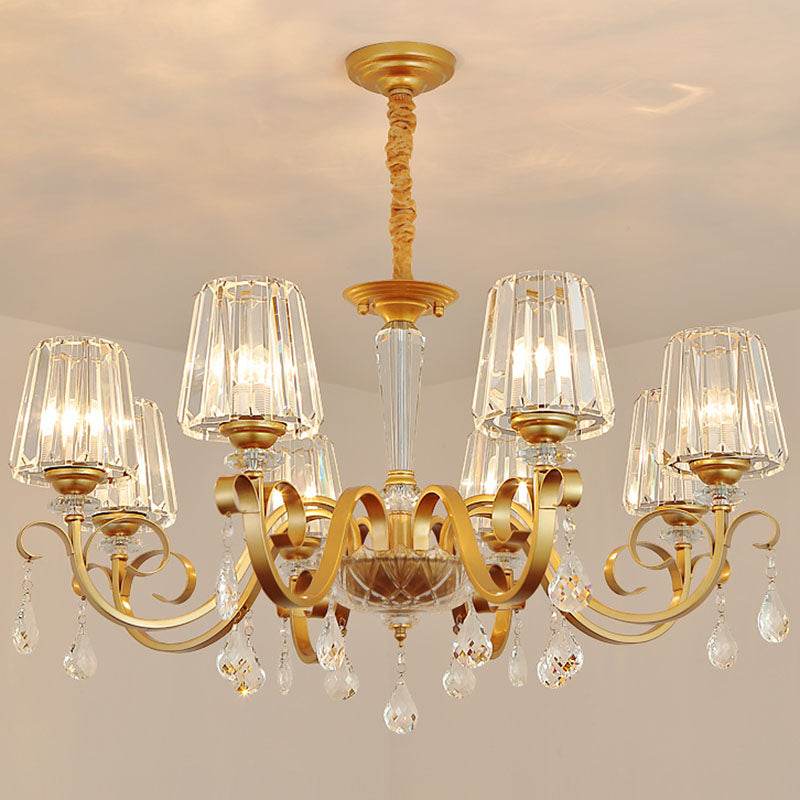 Simplicity Gold Tapered Crystal Hanging Light Kit - Elegant Ceiling Chandelier with Scrolled Arm