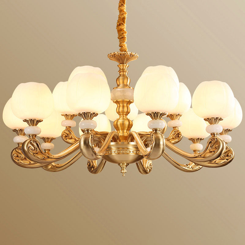 Opal Glass Bud Pendant Chandelier With Brass Suspension - Modern Style And Curved Arm