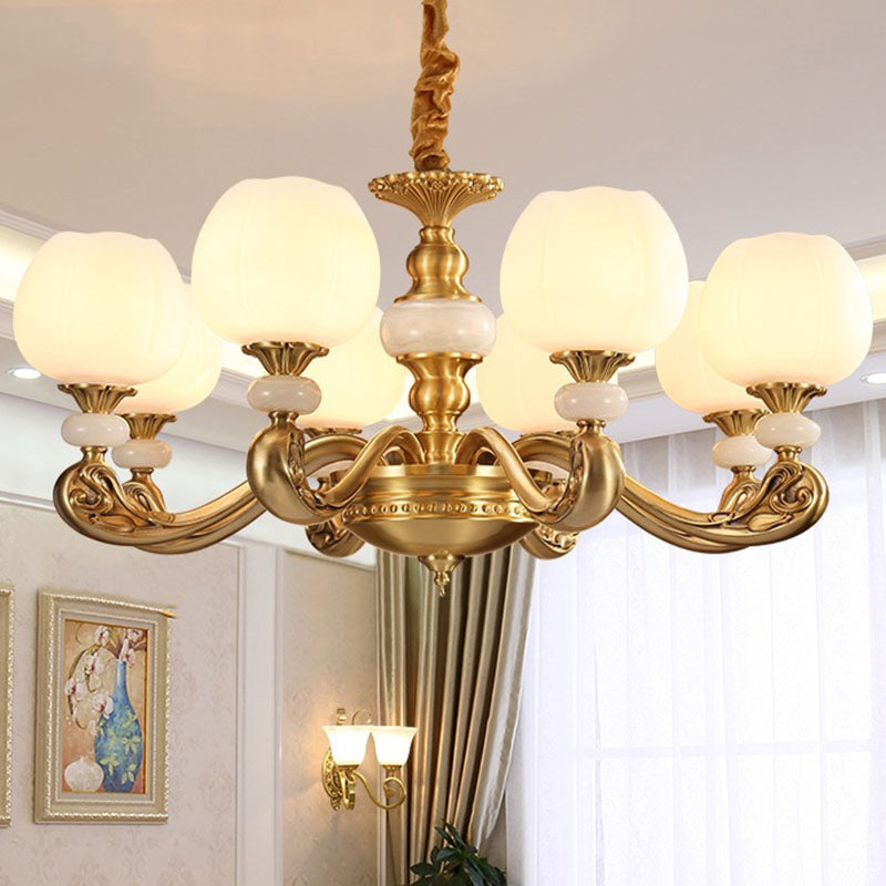 Modern Opal Glass Bud Pendant Chandelier with Brass Suspension and Curved Arm