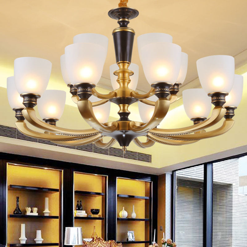 Contemporary Frosted Glass Bell Chandelier Light Kit In Gold For Living Room 15 /