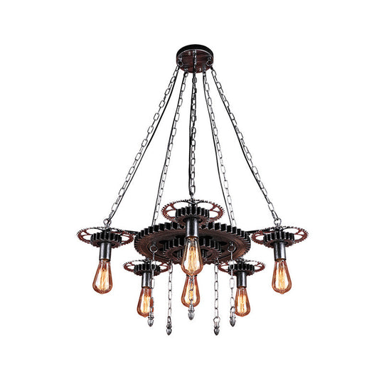 Industrial 6-Light Metal Chandelier with Exposed Bulbs - Silver/Bronze Pendant Lighting for Dining Room with Gear Design