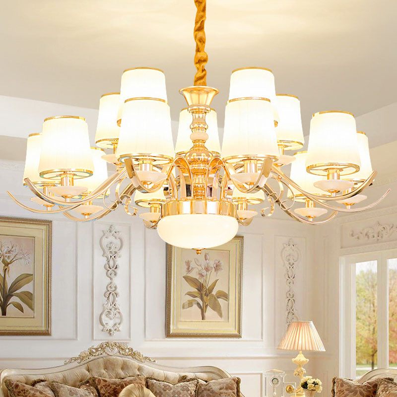 Modern Opal Glass Barrel Chandelier Pendant With Gold Finish And Curving Arm