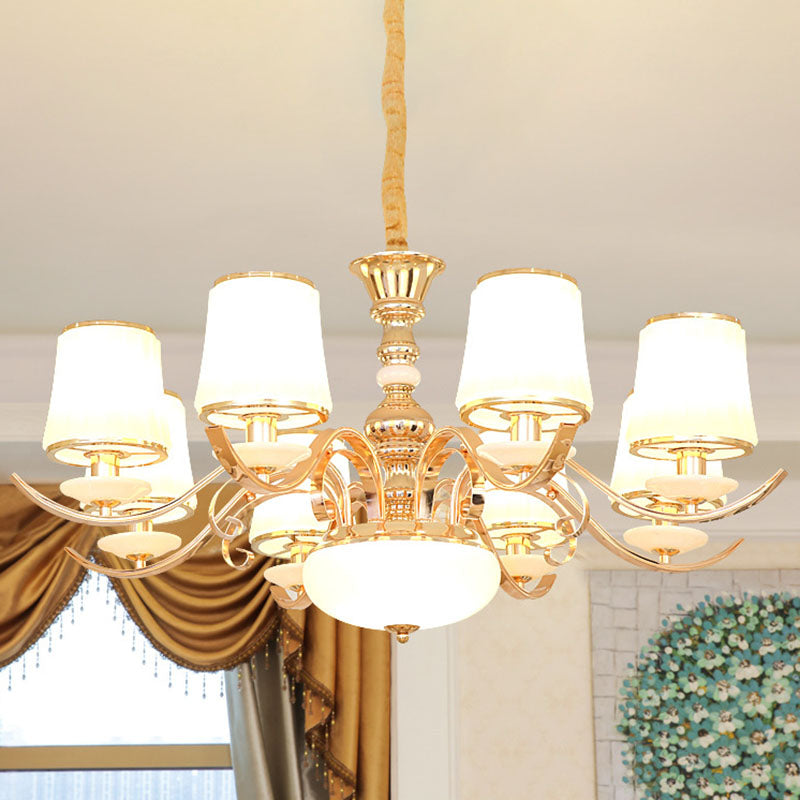 Modern Opal Glass Barrel Chandelier Pendant With Gold Finish And Curving Arm