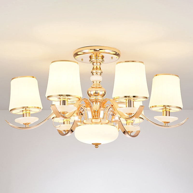 Modern Opal Glass Barrel Chandelier Pendant With Gold Finish And Curving Arm