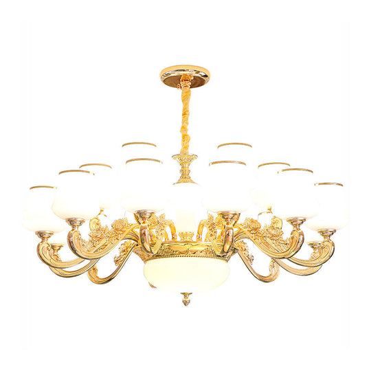 White Glass Gold Chandelier With Tapered Drop Pendant And Scrolled Arm Design