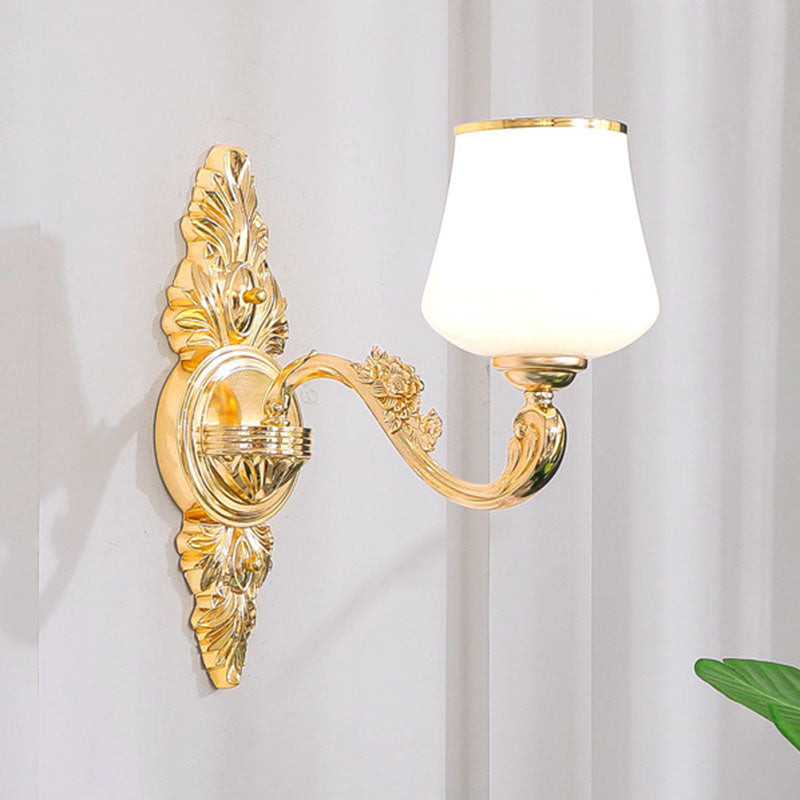 White Glass Gold Chandelier With Tapered Drop Pendant And Scrolled Arm Design 1 /